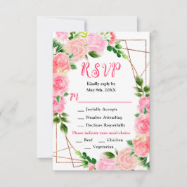 Roze rozen met gebladerte bruiloft RSVP kaartje