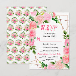 Roze rozen met gebladerte bruiloft RSVP kaartje