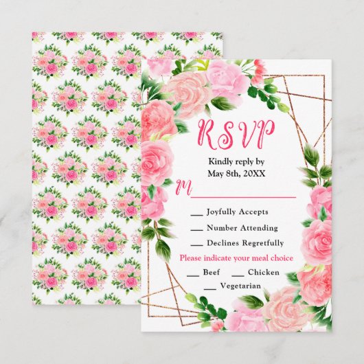 Roze rozen met gebladerte bruiloft RSVP kaartje (Voorkant / Achterkant)