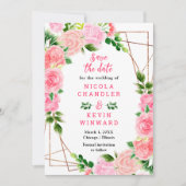 Roze rozen met gebladerte bruiloft save the date (Voorkant)