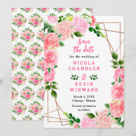 Roze rozen met gebladerte bruiloft save the date