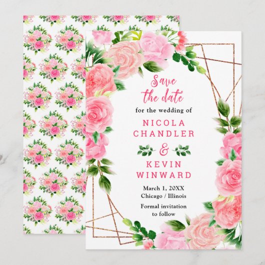 Roze rozen met gebladerte bruiloft save the date (Voorkant / Achterkant)
