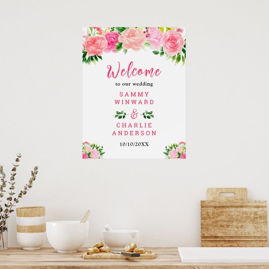 Roze Rozen met gebladerte bruiloft welkom teken Poster (Keuken)
