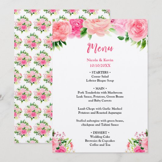 Roze rozen met gebladerte huwelijksmenu menu (Voorkant / Achterkant)