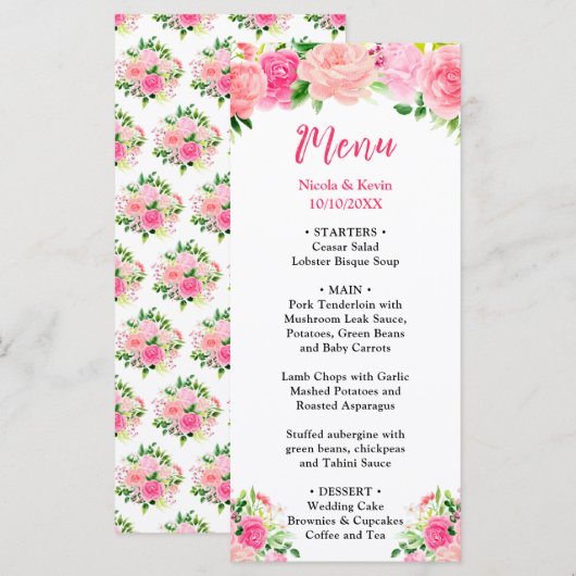 Roze rozen met gebladerte Huwelijksmenu Menu (Voorkant / Achterkant)