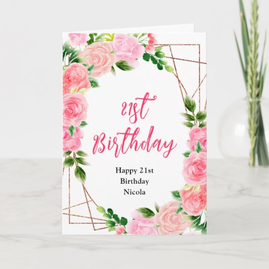 Roze rozen met gebloemde verjaardag kaart (Voorkant)