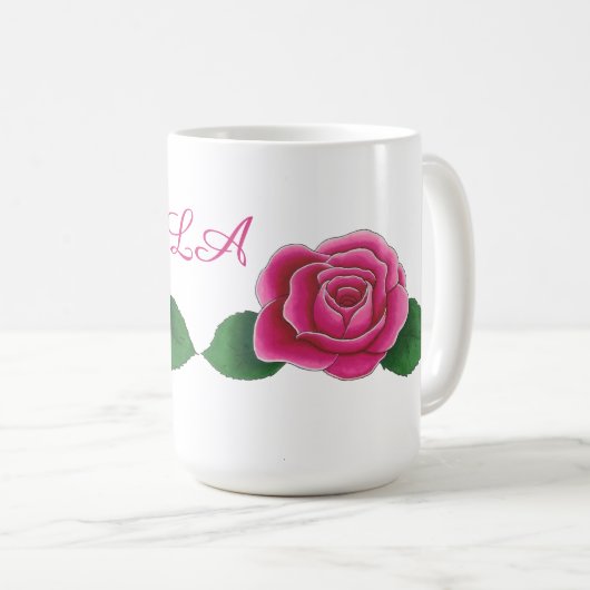 Roze rozen met gebogen initialen gepersonaliseerd  koffiemok (Voorkant rechts)