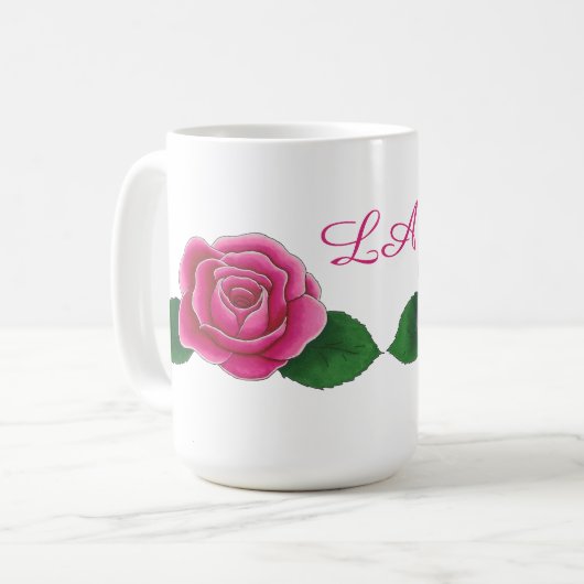 Roze rozen met gebogen initialen gepersonaliseerd koffiemok (Voorkant links)