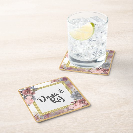 Roze rozen met grijs en gouden bruiloft kartonnen onderzetters (Insitu)