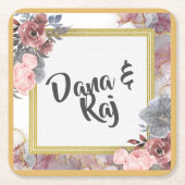 Roze rozen met grijs en gouden bruiloft kartonnen onderzetters (Voorkant)