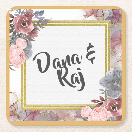 Roze rozen met grijs en gouden bruiloft kartonnen onderzetters (Voorkant)