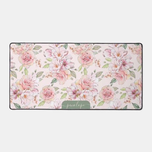 Roze  rozen met groen blad patroon bureaumat (Voorkant)