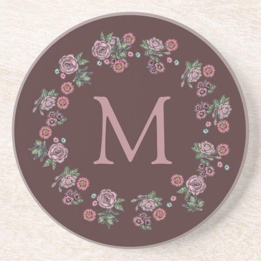  roze rozen met groot monogram zandsteen onderzetter (Voorkant)