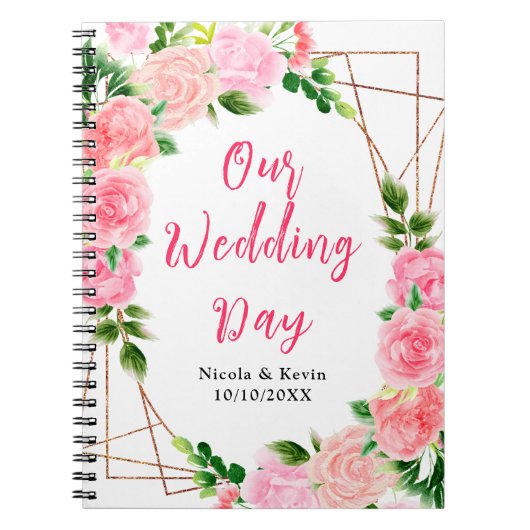 Roze Rozen met Loof Bruiloftsplanner Notitieboek (Voorkant)