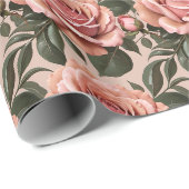 Roze rozen met penseelstreekbladeren cadeaupapier (Rol Hoek)