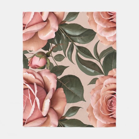 Roze rozen met penseelstreekbladeren fleece deken (Voorkant)