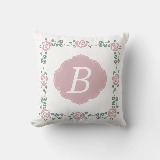 Roze Rozen met potlood en Monogram Pillow Kussen (Voorkant)