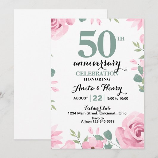 Roze rozen met salie groene tekst jubileum kaart (Voorkant / Achterkant)