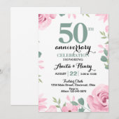 Roze rozen met saliegroene tekst jubileum kaart (Voorkant / Achterkant)