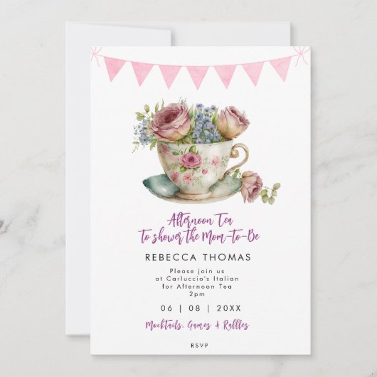 Roze Rozen Middag Thee Party baby shower Kaart (Voorkant)