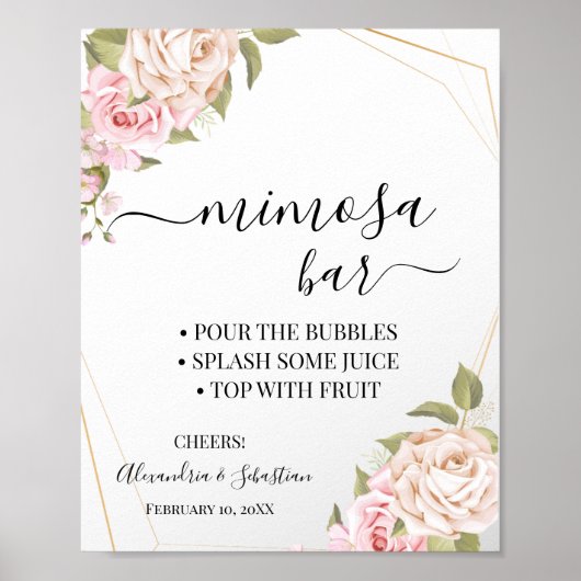 Roze rozen Mimosa Bar Bruiloftsborrel Bord Poster (Voorkant)