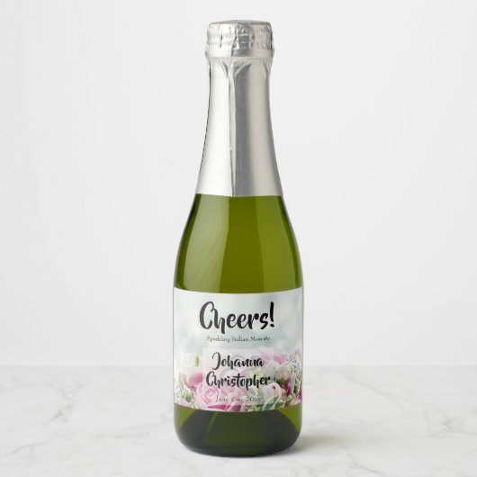 Roze Rozen Mini Bruiloft Mousserende Wijn Labels Sparkling Wijnetiket (Voorkant)