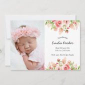 Roze rozen | Modern Elegant Floral Photo Birth Aankondiging (Voorkant)