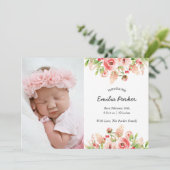 Roze rozen | Modern Elegant Floral Photo Birth Aankondiging (Staand voorkant)