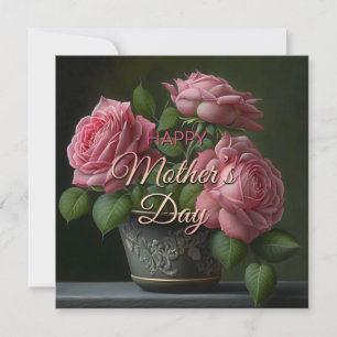 Roze rozen Moederdag op donkergroen Notitiekaartje
