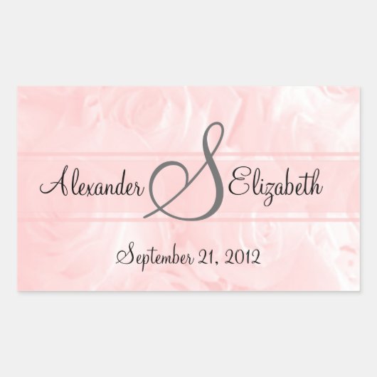 Roze Rozen Monogram Bruiloft Rechthoekige Sticker (Voorkant)