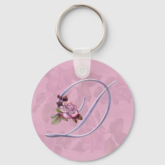 Roze rozen Monogram D Sleutelhanger (Voorkant)