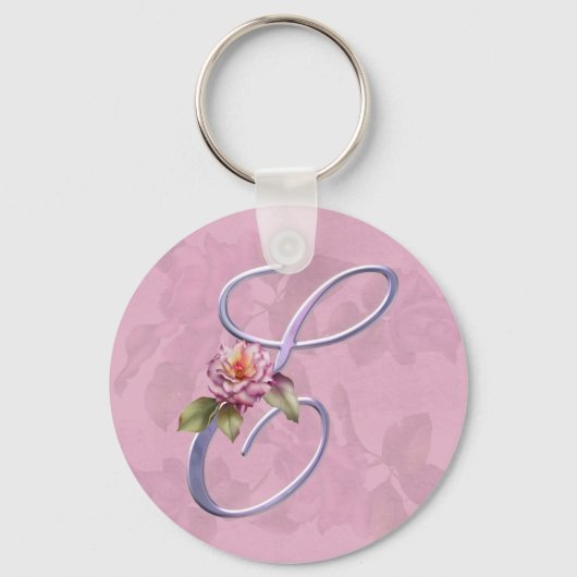 Roze rozen Monogram E Sleutelhanger (Voorkant)