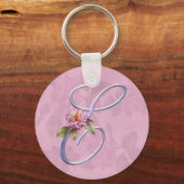 Roze rozen Monogram E Sleutelhanger (Voorkant)