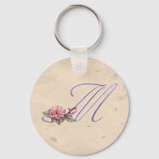 Roze rozen Monogram M Sleutelhanger (Voorkant)