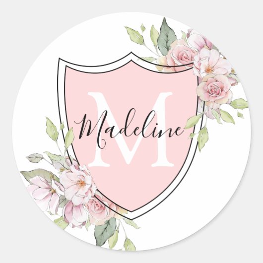 Roze Rozen Monogram Naam Crest Ronde Sticker (Voorkant)