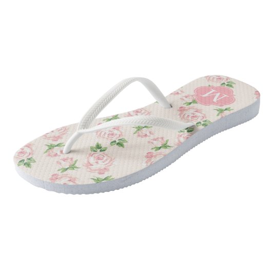 Roze  Rozen, monogrammen Teenslippers (Schuin)