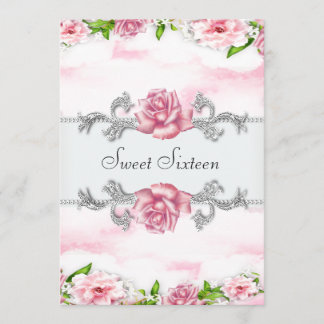 Roze rozen mooie roze witte Sweet Sixteen-feestje Kaart