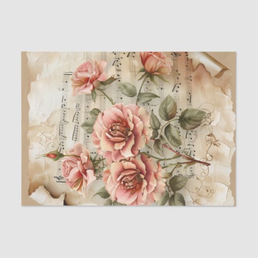 roze rozen muziekblad Ephemera Tissuepapier (Voorkant)