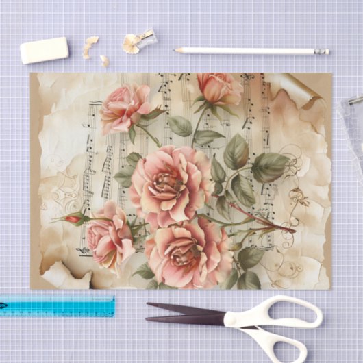 roze rozen muziekblad Ephemera Tissuepapier (Craft)