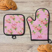 Roze  rozen - naam toevoegen ovenwant & pannenlap set