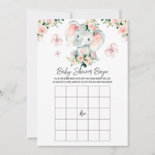Roze Rozen Olifant Baby Naam Baby shower Bingo Kaart (Voorkant)