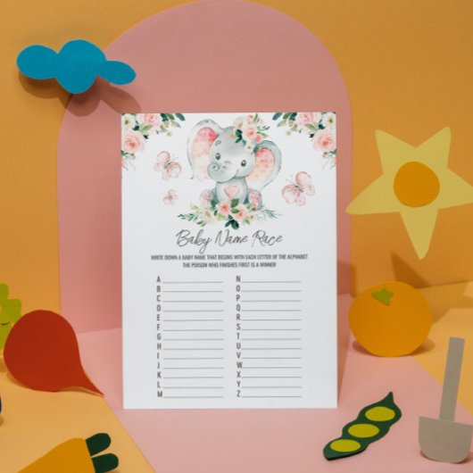 Roze Rozen Olifant Baby Naam Race Baby shower Kaart