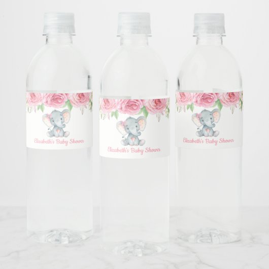 Roze Rozen Olifant Baby shower 1e Verjaardagsfeest Waterfles Etiket (Flessen)