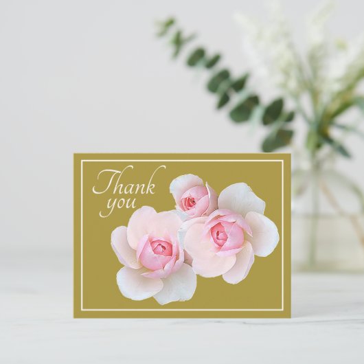 Roze rozen olijfgroene achtergrond Bedankt Briefkaart (Staand voorkant)