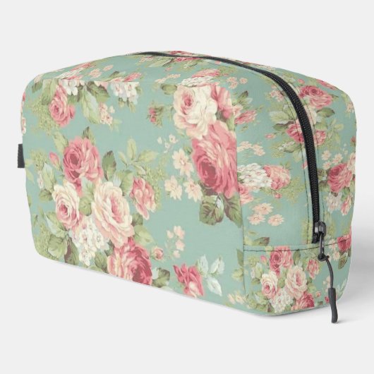 Roze rozen op aqua achtergrond toilettasje (Rechterhoek)