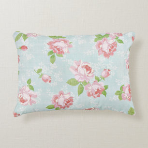 Roze Rozen op Blauw Katoen  Land Decoratief Kussen