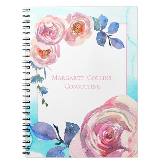 Roze Rozen op Blauwe Aangepaste Naam Notitieboek (Voorkant)