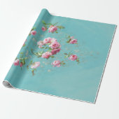  roze rozen op blauwe ontkoppeling cadeaupapier (Uitgerold)