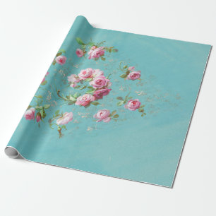  roze rozen op blauwe ontkoppeling cadeaupapier