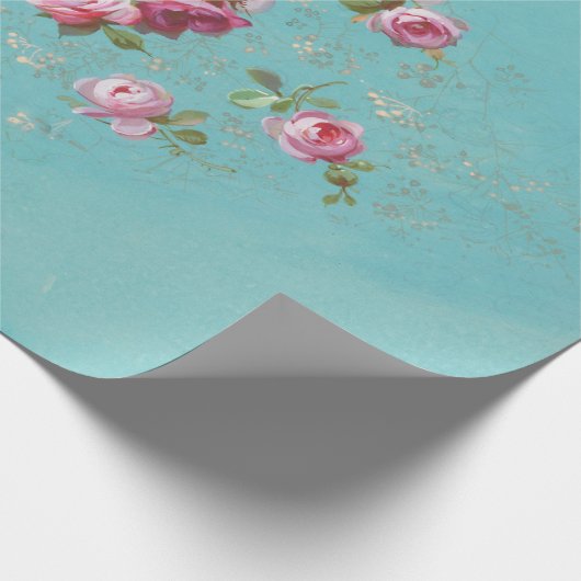  roze rozen op blauwe ontkoppeling cadeaupapier (Hoek)